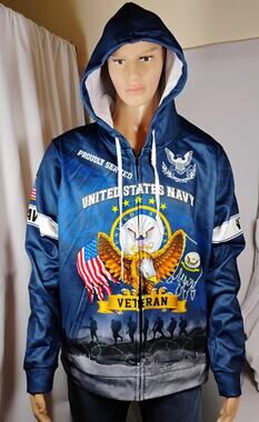 Mens US Navy Veteran Eagle Graphic Full Zip Hoodie Patriotic Americana
